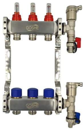 GOSHE Heizkreisverteiler Edelstahl 3 Heizkreise Fußbodenheizung Verteiler Heizung Entlüftungsset Entlüftung Verteilerbalken Durchflussmesser Rotameter