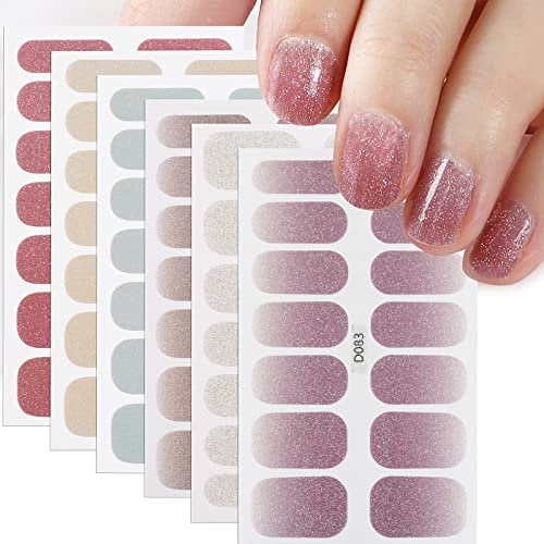 6 Sheets Glitter Full Wraps Nail Stickers Glitter Pink Self-Adhesive Waterproof Nail Art Decals Manicure Tips DIY Decorations for Women Girls Nail Design
