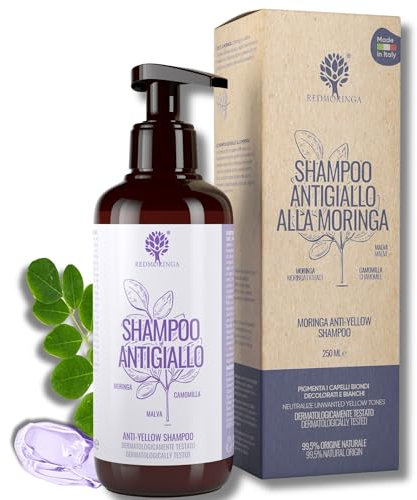 BIO Anti-Gelb-Shampoo | Neue Formel 3X effektiver | Tonalisierung blondes, gebleichtes oder weißes Haar - natürliches Shampoo 99,5% ohne SLS und ASL - mit Moringa, Malve und Kamille | RedMoringa 250ml