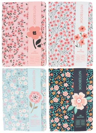 FEIFEI'S BOW 4PCS A6 Floral Journal Notebook,Lined Mini Small Pocket Notebook for Women and Men Writing Drawing Notepad (Set 01)