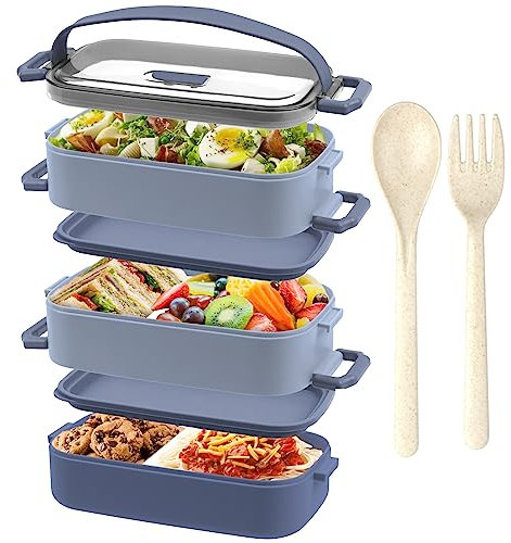 OITUGG Lunch Box - Premium 3 Layer Bento Lunch Box for Adults Work - 2200ml Lunchbox with Cutlery and 3 Pcs Compartment Adjustable, Leak-Proof, BPA-Free, Microwaveable, 19.5 x 11.2 x 15cm, Blue