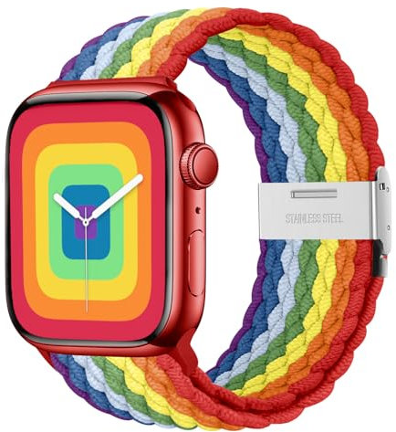 Nepfaivy Geflochtenes Armband Kompatibel mit Apple Watch Armband 40mm 41mm 38mm 42mm für Damen Herren, Nylon Stoff Sport Verstellbares Band für iWatch Series 10/9/8/SE/7/6/5/4/3/2/1, Regenbogen