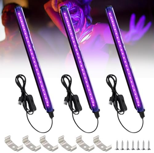 Vegena Lot de 3 tubes à lumière noire 5 W 24 LED 28 cm - Lumière noire - Avec interrupteur - USB UV LED - Lumière noire - Lampe de fête pour fête - Éclairage de scène - Peinture corporelle