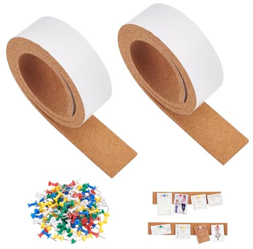 BENECREAT 2 Rouleau de Bandes de Liège, 20x4 cm Chaque Rouleau, Bandes de Barre D'Affichage Auto-Adhésives avec 100 pièces Punaises en Plastique pour Les Murs de la Salle de Classe de Bureau Barre
