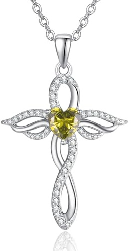 TANGPOET Engelsflügel Halskette für Frauen 925 Sterling Silber Schutzengel Anhänger, Herz Kreuz Geburtsstein Kette, Geburtstag Schmuck Geschenke für sie