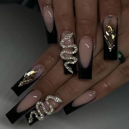 24pcs Long Coffin False Nails French Tip Stick on Nails Black Edge Snake Rhinestone Press on Nails Removable Glue-on Nails Acrylic Full Cover Ballerina Fake Nails Set Women Nail Art Accessories