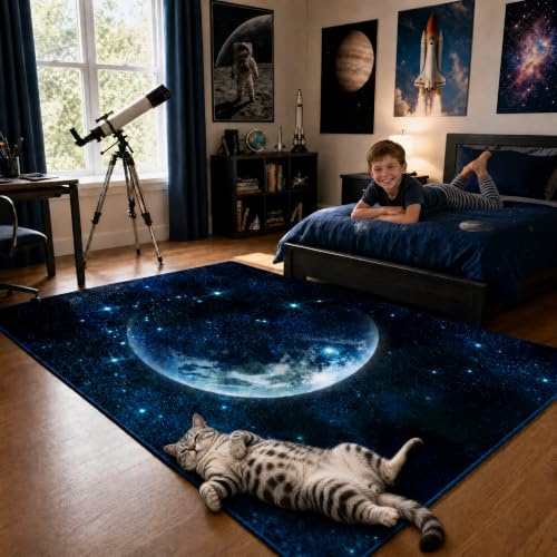 9CH Galaxy-Teppich für Kinderzimmer, dunkelblauer Raumteppich mit Sternenhimmel-Design, weich, waschbar, himmlischer Mond-Teppich für Jungen und Mädchen, Spielzimmer, Wohnzimmer, 1,8 x 2,9 m