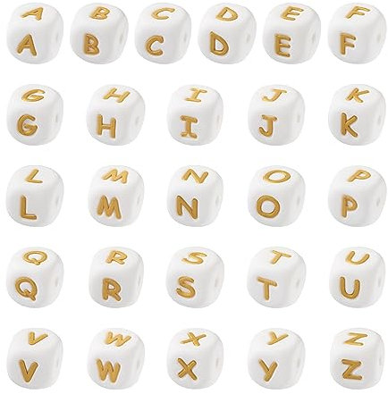 Crafans Lot de 52 perles cubiques dorées en silicone avec lettres de A à Z, carrées de 12 mm, parfaites pour la fabrication de bijoux