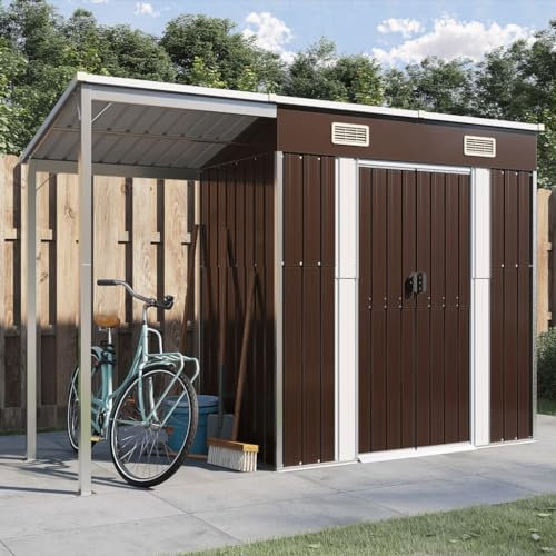 Rantry Gartenhaus mit verlängertem Dach Braun 277x110,5x181cm Stahl Outdoor Lagerschuppen Metall Gartenhaus Outdoor Aufbewahrungsbox Gartenmöbel
