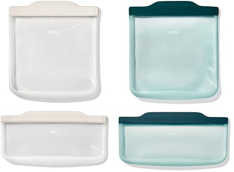 OXO Good Grips Wiederverwendbare Silikonbeutel - 4-teiliges Lunch-Set - Hafer/Lagune