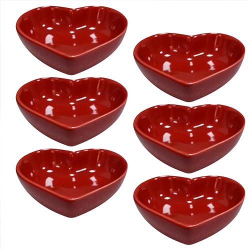 Albedel Red 6 pcs Heart Shaped Porcelain Soy Sauce Dish Ceramic Dip Dipping Bowls 1.65 oz for Dinner Baking BBQ and Cooking