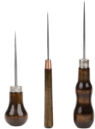 EAVUYIS Lezna de Costura de 3 Piezas, lezna con Mango de Madera, Perforadora, lezna de Cuero para Coser, perforar