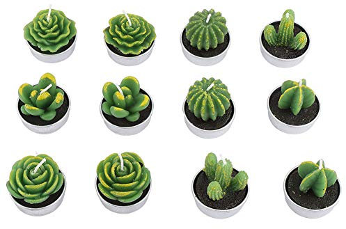 BORDSTRACT 12 velas de té de cactus hechas a mano, velas de té de cactus suculentas, vela suculenta sin llama para el hogar, regalos de cumpleaños, Navidad, boda, fiesta