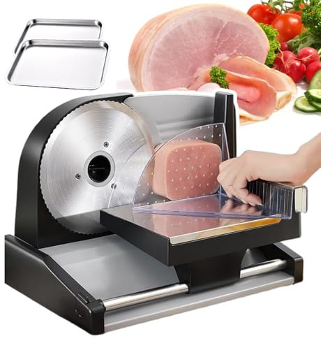 pedenencelia Electrical Meat Slicer,200w Meat Deli Slicer,With 19cm Stainless Steel Blade&Pusher&2 Trays,Semi Auto Meat Slicer1-1.5cm Thickness Adjustment/Removable For Cleaning