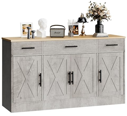 SUNLEI Coffee Bar Cabinet with Storage, Farmhouse Buffet Cabinet with 4 Doors & Adjustable Shelves, Kitchen Sideboard Cabinet for Coffee Station, Dining Room, Living Room & Home, White