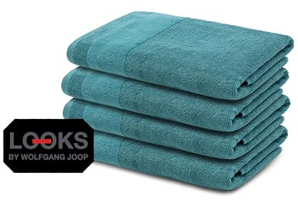 LOOKS BY WOLFGANG JOOP 4X Handtuch 50x100 cm – 100% Baumwolle Luxus Handtücher mit Aufhänger & Logostick, 4er Set Handtücher türkis
