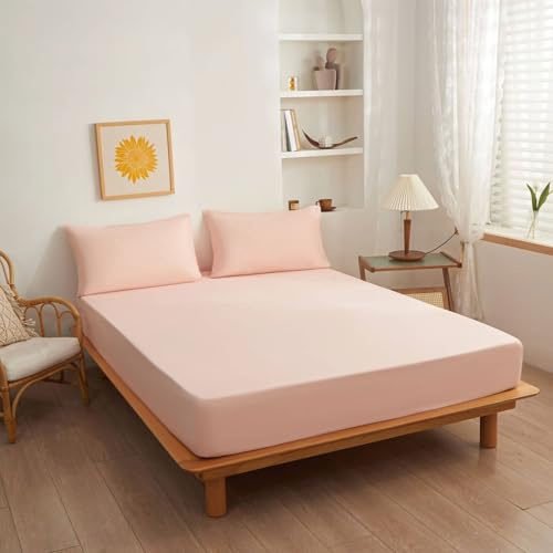 Grewod Drap Housse 120 x 200 cm - Bonnet 15 cm - Rose Clair - Drap House en Polyester - Drap Couleur Unie