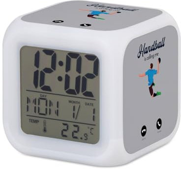 Fabulous Réveil Cube Lumineux Gris - Handball is Calling Me Sport Ball - 7,8 x 7,8 x 7,8 cm - Retro Éclairage Multicolore LED