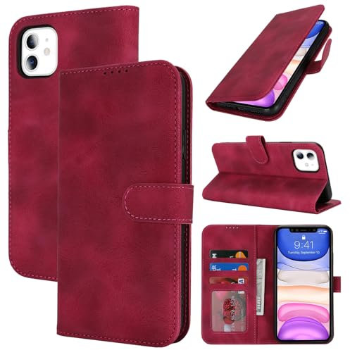 Zouzt Hülle für iPhone 11 6,1-Zoll, Stoßfestes PU Leder Handyhülle Lederhülle Klapphülle mit Kartenhalter und Standfunktion Flip Leather Wallet Phone Cover (Vintage Grape Red)
