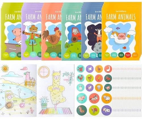 THE TWIDDLERS 24 Mini-Malbücher für Partytüten, mit Aufklebern - Bauernhof-Tier-Thema, A6 Mini-Bücher für Kinder, Alter 4-8, perfekte kleine Malbücher für Partytüten-Füller-Geschenke