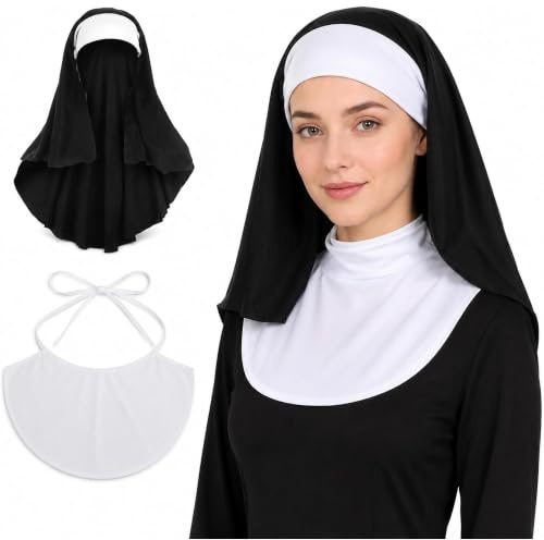 Nonnen Schleier + Weißer Kragen für Nonnen Kostüm Erwachsene oder Frau. Halloween Accessoire Religiöse Horror Haube. Schleier für Herren. Kostüm Zubehör.