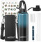 WATERSY Borraccia Termica 1 Litri, Bottiglia d'acqua con Cannucce e Manico, Grande Bottiglia Termica in Acciaio Inox con 2 Coperchi, Senza BPA, per Sport, Campeggio, Palestra (Blu-Nero)