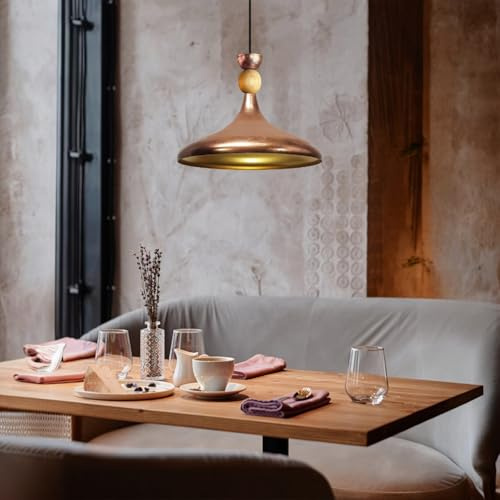 bamyum Champion Pendelleuchte Kupferfarbe aus Holz und Metall 35 cm, Hängelampe Esstisch, Küchenlampe Hängend E27, Hängelampe Kupferfarbe für Kinderzimmer, Schlafzimmer, Wohnzimmer