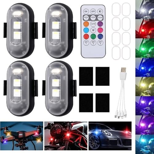 Mineup 4 Stück Kabellose Led Lichter, 8 Farbiges Strobe Drone Light, Fernbedienung Blitzlicht mit Fernbedienung, USB-Aufladung Antikollisionslichter,LED Flugzeug Blitzlicht für Drohne Motorrad