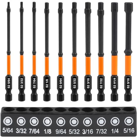 MIGUBIGU 10-tlg Inbus Bit Set Lang 100 mm mit Magnetkopf, Sechskant-Sae-Bit-Set, Hex Sechskant Schraubendreher 5/64, 3/32, 7/64, 1/8, 9/64, 5/32, 3/16, 7/32, 1/4, 5/16, Bitsatz Inbus Sechskant