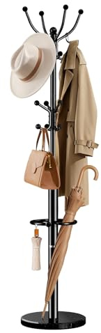 Pipishell Metal Heavy Duty Coat Rack with Sturdy Marble Base, Coat Tree with 16 Hooks & Detachable Umbrella Holder,Coat Rack Freestanding for Entryway, Corner, Bedroom and Home Office, Black