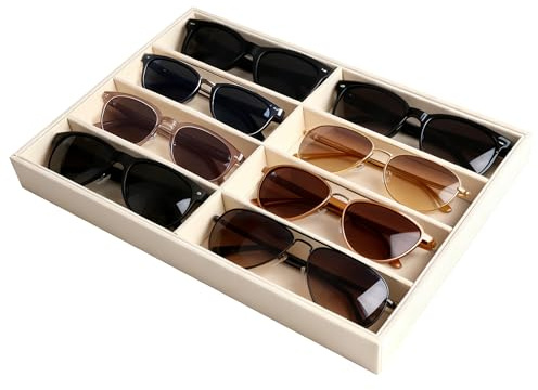 8 Grids Sunglasses Storage Organiser, Glasses Holder, Velvet Drawer Tray | Soft Beige, Scratch Protection, Adjustable Compartments, for Watches & Jewellery, Vanity, Bedside Table, Drawer, Women & Men