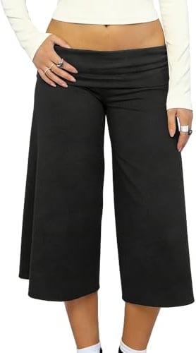 Svuitmsl Pantalon court évasé pour femme - Coupe ample - Taille basse - Extensible - Style palazzo - Pantalon capri