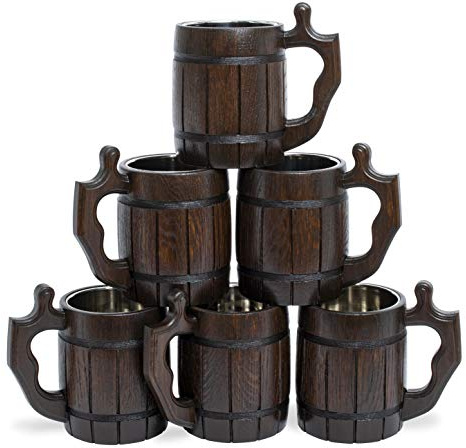 MyFancyCraft Bierkrug, Holz-Bierkrug, Edelstahlbecher, Handgefertigte Geschenke für Männer, Vatertag, Weihnachten oder Geburtstag, Braun, 6 Stück