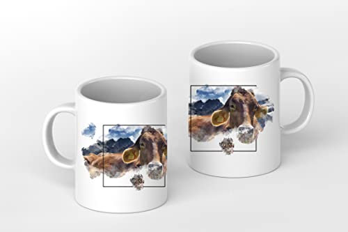 liegende Kuh auf der Weide als Motivetasse 4 Eck 300ml, aus Keramik weiß, wunderbar als Geschenkidee oder ihre Neue Lieblingstasse