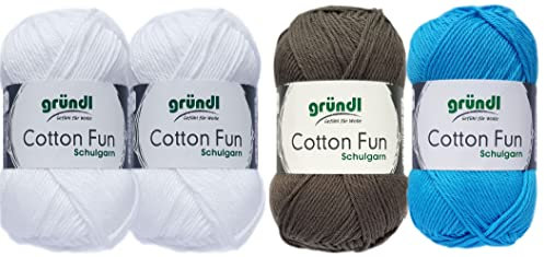 SB Pack Gründl Cotton Fun Häkelset für Topflappen Inhalt 4x50g Material 100% Baumwolle incl. Gratis Häkelanleitung und Häkelnadel (Norweger Blau Grau)