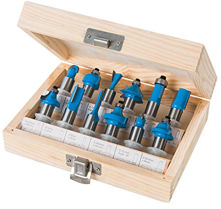 12 Piece Kitchen Fitter Router Bit Set –Tungsten Carbide Fluted Blades– Wood Laminate Worktop Straight Cutter/Flush Trimming Rounding Over Dove Tail Tool – 12mm Metric Shank Hardened Steel Long Life
