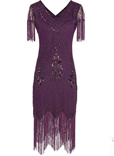 MISSCHEN 1920s Flapper doppelte V-Ausschnitt Pailletten Strass verschönert fransen Kleid YLS018 M Purple