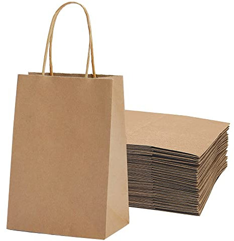 26 pcs Braune Papiertüten mit Griff,Braune Papiertüten mit Henkel,Kraftpapiertüten Braun,Papierbeutel Kraftpapier,Bodenbeutel Papier,Tütchen Papier,Geschenktüte mit Griff (Holzfarbe)