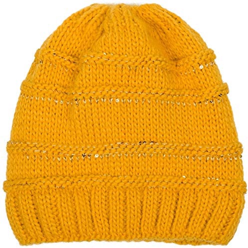 styleBREAKER Damen Strick Wintermütze mit Pailletten, Öffnung für Pferdeschwanz und Thermo-Fleece Futter, Beanie Mütze 04024177, Farbe:Curry