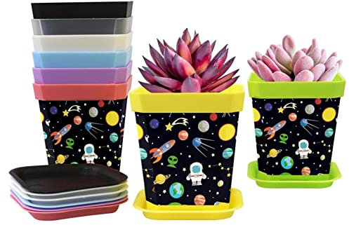 8 Stück Kunststoff-Pflanzen-Sämlinge für Kinderzimmer, Topf, Friseurwerkzeuge, Weltraum, Astronomie, Planeten, Raketenstern, Ufo-Muster, Blumentopf, mit Tablett, 8 Farben