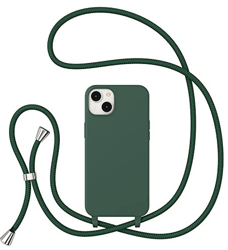 ZTOFERA Crossbody Lanyard Case for iPhone 14 (6.1), Liquid Silicone Protective Phone Case with Adjustable Strap Neck Cord Necklace Girls Women Soft Cover for iPhone 14/13, Dark Green