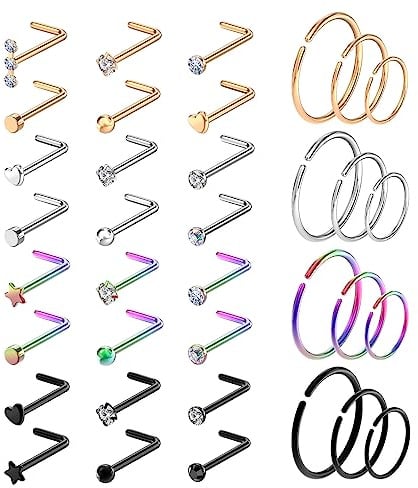 28 Piezas Anillos de Nariz Aro,Kucheed Anillos de Nariz de Acero Quirúrgico en Forma de L,Pernos de Nariz,Tornillo de Nariz,Cartílago Helix Pendientes Aro Nariz Nariz Cuerpo Piercing Joyas