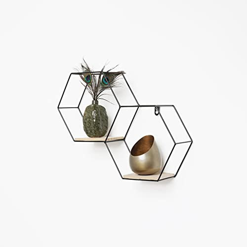IVOL Wabenförmiges Wandregal aus Metall 2 Holzböden - 30,5 x 41 cm - Schwarz - Hängend Wandregal für Wohnzimmer - Wohnzimmer Regal Wanddeko Hexagon