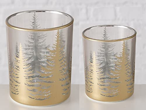Windlicht Set 2-teilig – Teelichthalter aus Glas mit Goldener Tannenwald-Silhouette – edle Deko für Weihnachten, Advent & Winter – 8×10 cm & 7×9 cm (Winterwald Gold 2er Set)