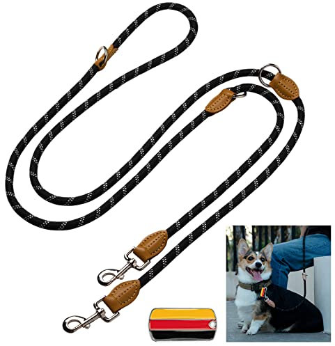 Hundeleine 3m Doppelleine Reflektierend, Premium Hunde Leine 3fach Verstellbar Umhängeleine aus Nylon, Führleine Hund Rund und Bissfest mit 2 Karabiner, Dog Leash Schwarz 14mm