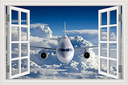 MUMUWUSG Vinyle Blanc Nuages Ciel Avion Papier Peint Photo 3D - Sticker Autocollant Effet 3D | Sticker Mural Fenêtre - Papier Peint Décoration Trompe L Oeil Salle Et Salon 60X40Cm