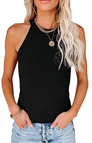 QKEPCY Camiseta Tirantes Mujer Cuello Halter Tank Top Camisola Verano sin Mangas Blusa Acanalada Ropa Deportiva Tops Casual Elegante Ajustado Algodón