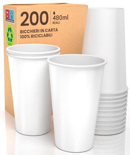 200 Bicchieri in Carta 480ml Ecologici Biodegradabili Monouso Asporto Bevande Calde Acqua BIANCHI