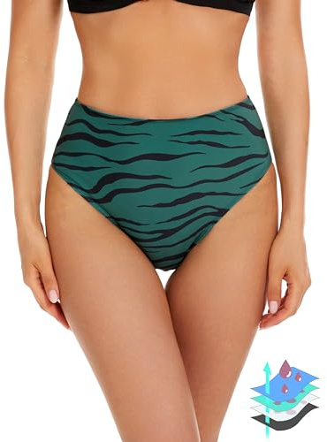 Leovqn Period Swimwear Leakproof Menstrual Bikini Waterproof Bottom UPF 50+ Swim Brief Light Flow - Teens Girls Women_Green Camo_M