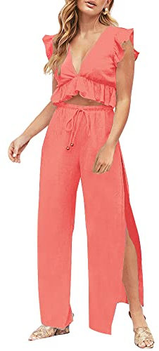 FANCYINN Damen Zweiteilige Outfits 2 Teiler Crop Top Sexy V-Ausschnitt Hose mit Seitenschlitz Kordelzug Sommer Strand Urlaub Lässig